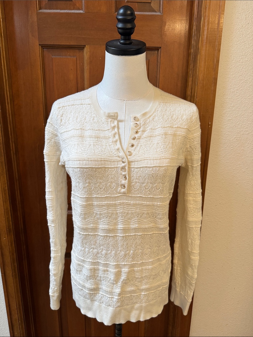 Sezane White Long-Sleeve Textured Henley Sweater Size L